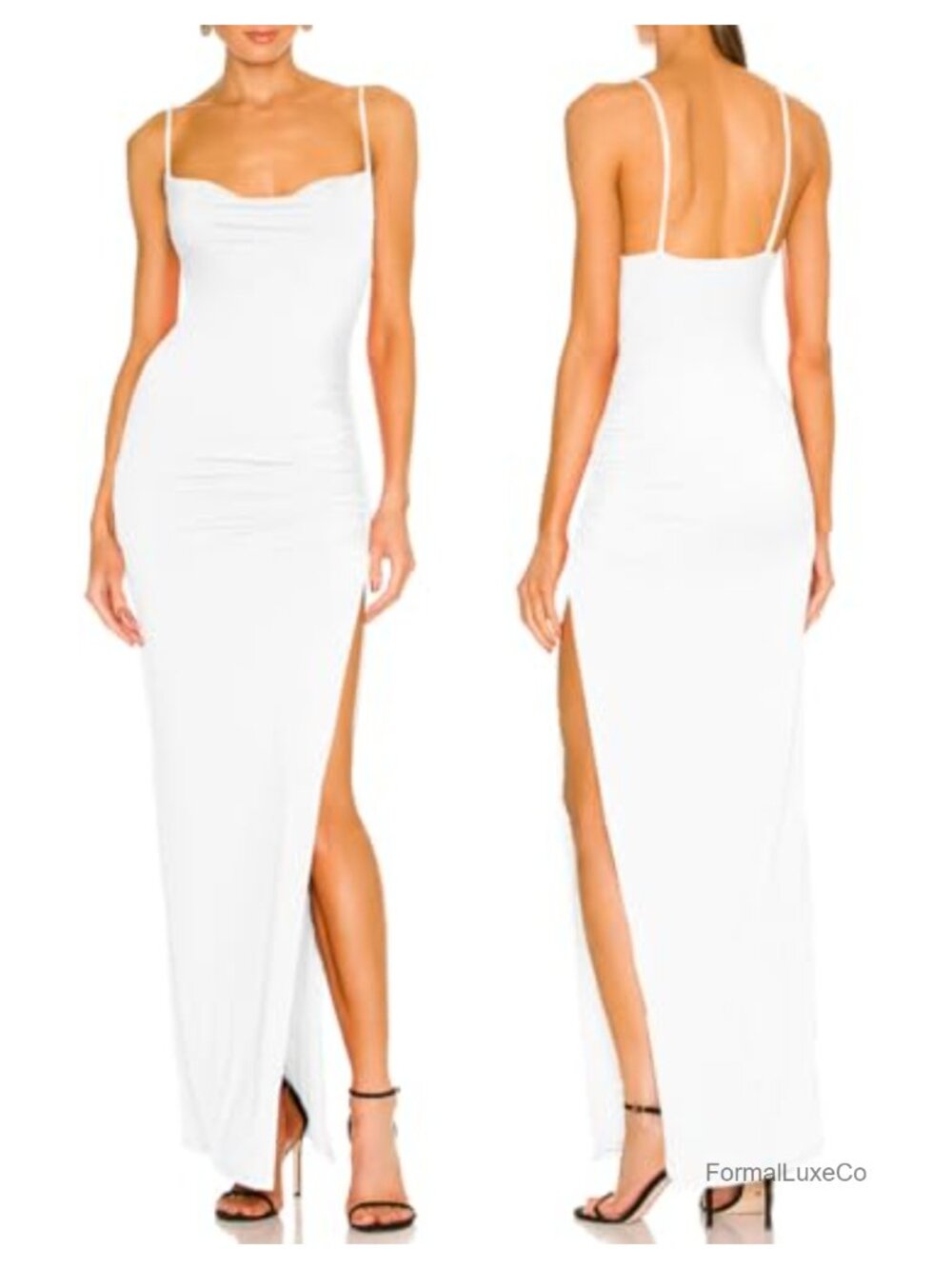 Women Spaghetti Strap Cowl Neck Maxi Dress Bodycon High Slit Formal Party